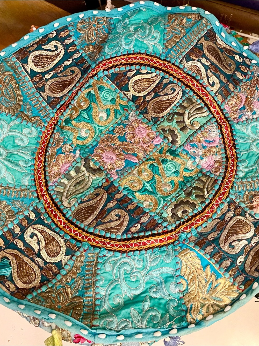 Handcrafted Teal Embroidered Embroidered Ottoman Cover